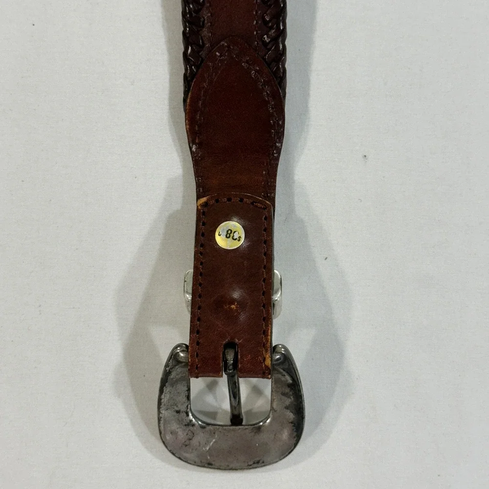 Vintage Western Woven Leather Belt Mens 36 Brown Braided Southwestern Buckle
